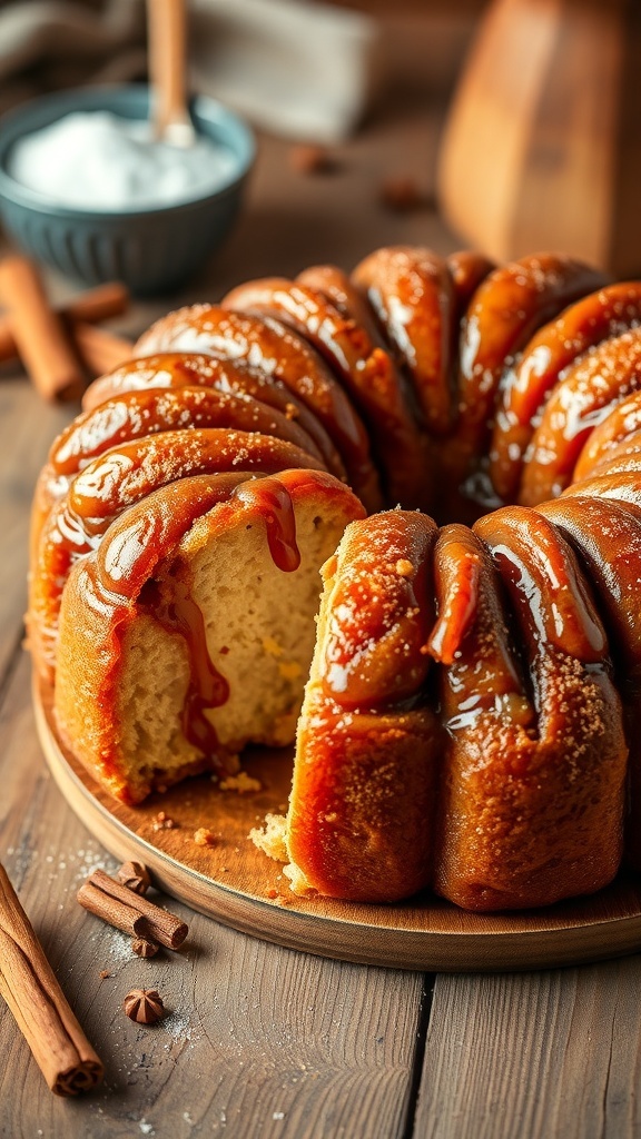 Golden-brown monkey bread with sticky glaze, served on a wooden table, pieces pulled apart.